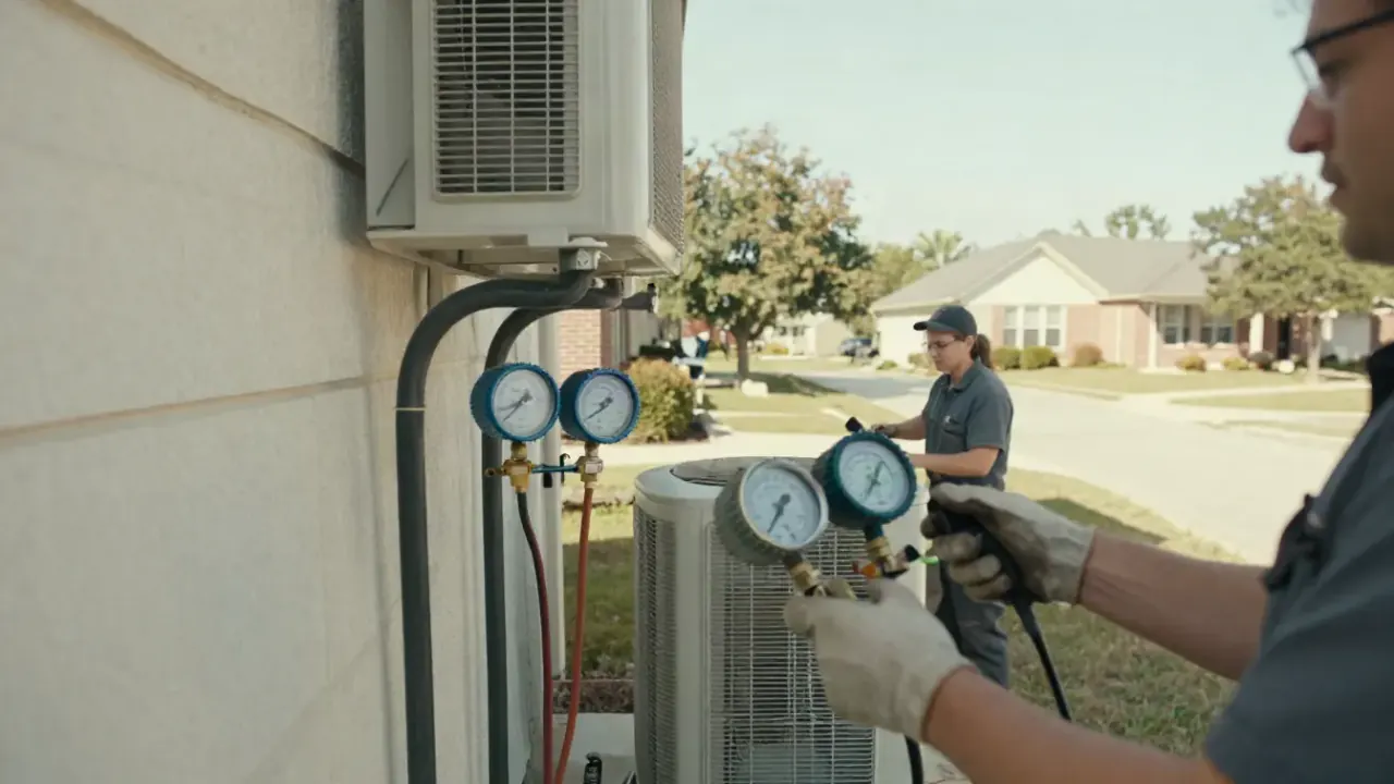 Mini Split Repair in Rosenberg, Texas: close-up of an HVAC technician's hands using a manifold gauge set to read pressure on