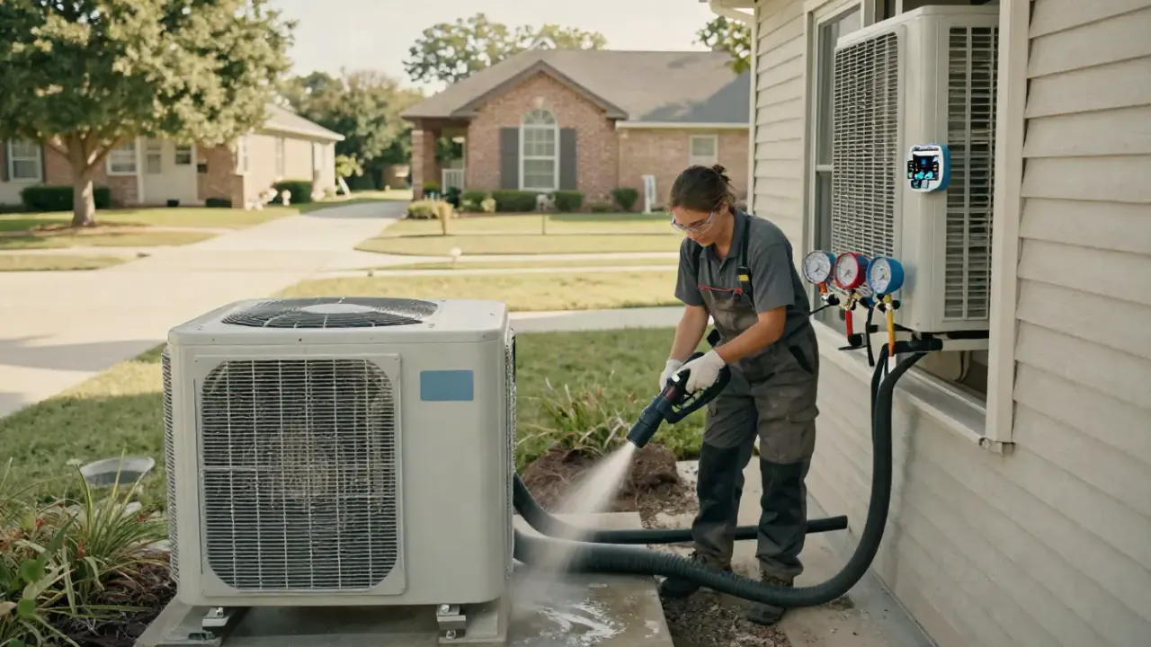 Water Leak and Condensate Drain Line Repair in Rosenberg, Texas: HVAC technician uses a wet/dry vacuum to clear a clogged