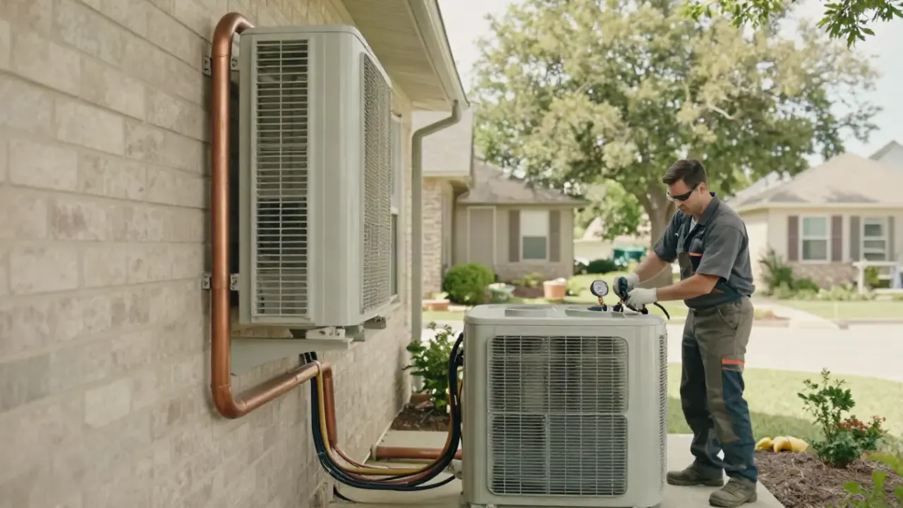 Mini Split Repair in Rosenberg, Texas: detailed shot of copper refrigerant lines and electrical conduit neatly running along