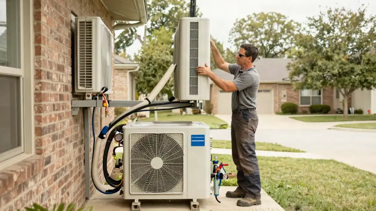 Noisy Mini Split Repair in Rosenberg, Texas: HVAC technician tightens loose mounting brackets on an outdoor mini-split