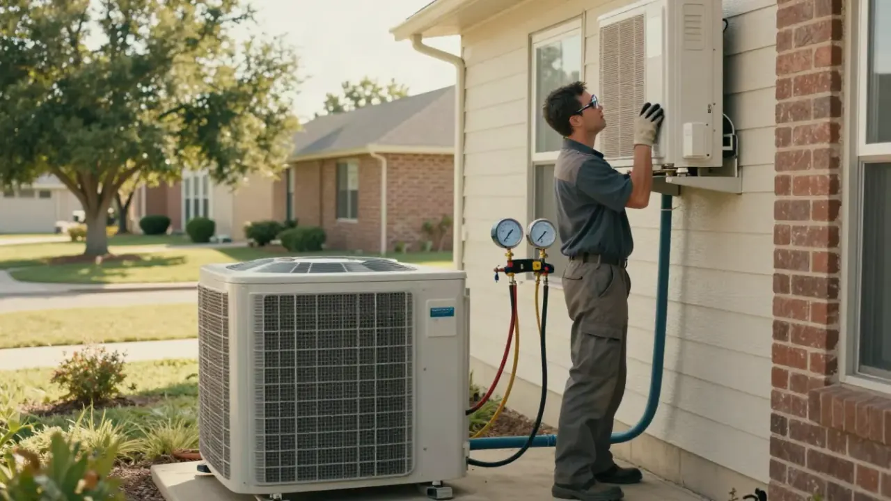 Mini Split Not Cooling in Rosenberg, Texas: HVAC technician uses a manifold gauge set to check refrigerant pressure at the